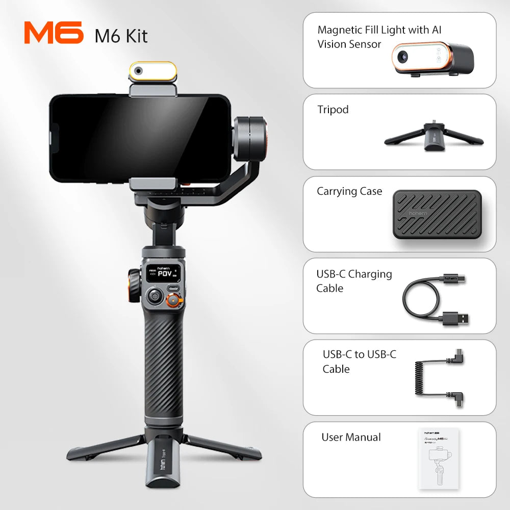 Capture Every Moment with the Hohem iSteady M6 3-Axis Gimbal Stabilizer - Foldable Selfie Stick with APP Control and Magnetic Fill Light for Smartphones