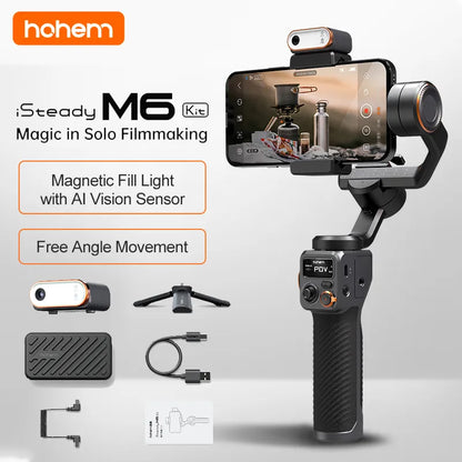 Capture Every Moment with the Hohem iSteady M6 3-Axis Gimbal Stabilizer - Foldable Selfie Stick with APP Control and Magnetic Fill Light for Smartphones